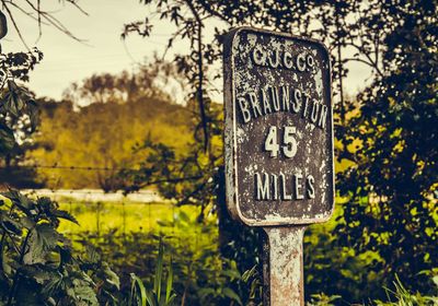 Close-up of information sign on field