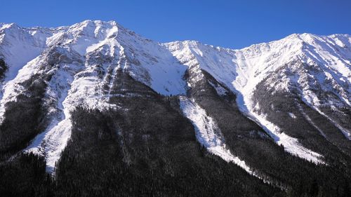 Scenic view of snowcapped mountains against clear sky