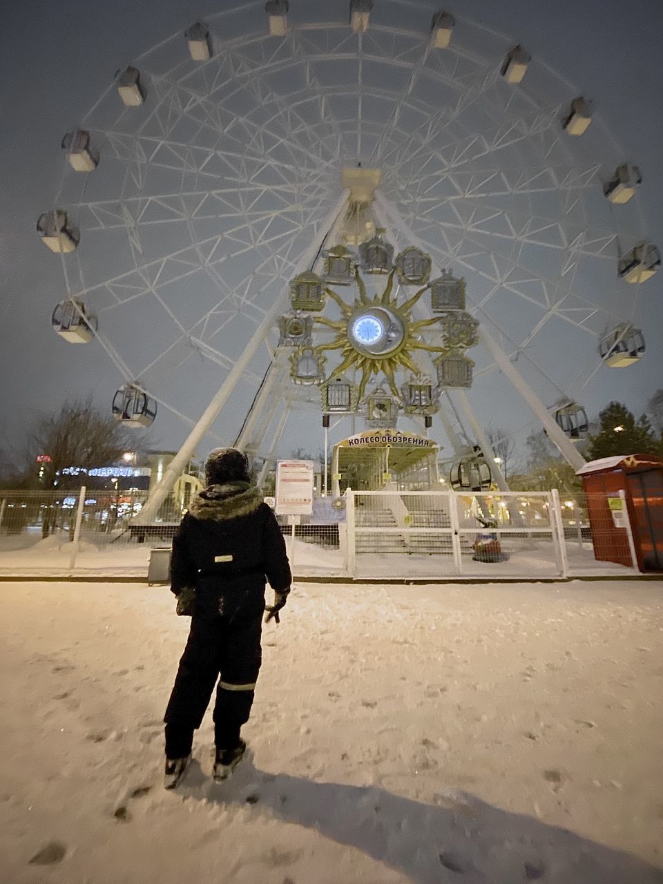 REAR VIEW OF MAN STANDING IN AMUSEMENT PARK