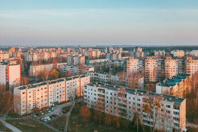 Aerial view of buildings against sky