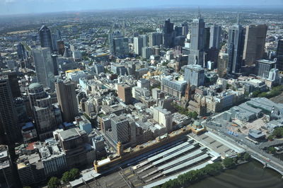 High angle view of modern buildings in city