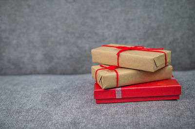 Close-up of red box on table