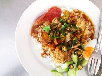 High angle view of food in plate on table