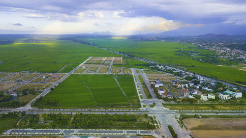 High angle view of agricultural field against sky