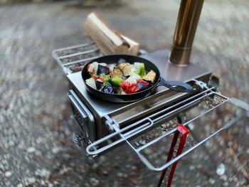 High angle view of food on barbecue grill