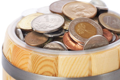 High angle view of coins