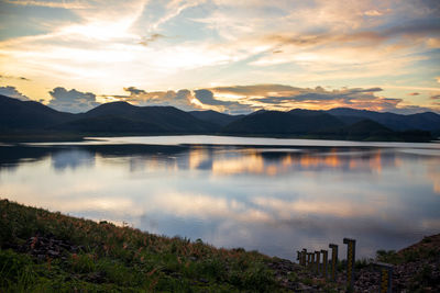 Scenic view of lake against sky during sunset