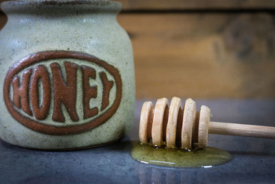 Close-up of coffee served on table