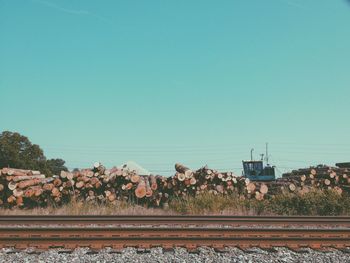 Scenic view of logs against clear sky