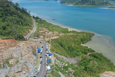 High angle view of road by sea