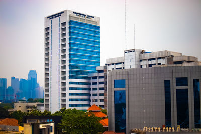 Low angle view of modern buildings against clear sky