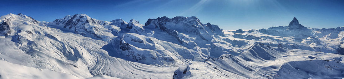 Panoramic view of snowcapped mountains against sky