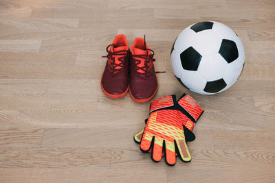 High angle view of soccer ball on table