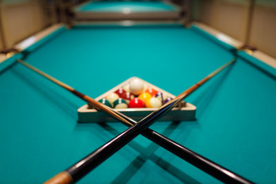 High angle view of pool balls on table