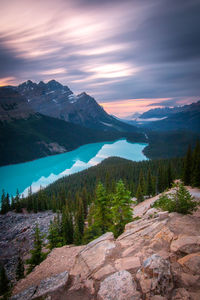 Scenic view of mountains against sky during sunset