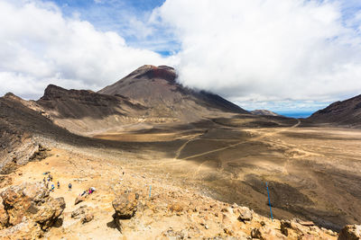 Panoramic view of volcanic landscape against sky