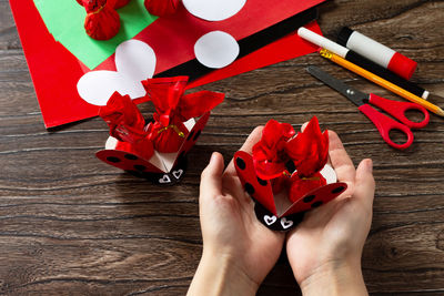 High angle view of person holding red flowers on table