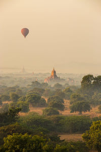 Balloon flying over the thousand of budish temples in bagan, myanmar.