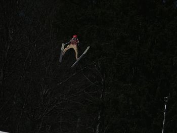 Close-up of flying kite against black background