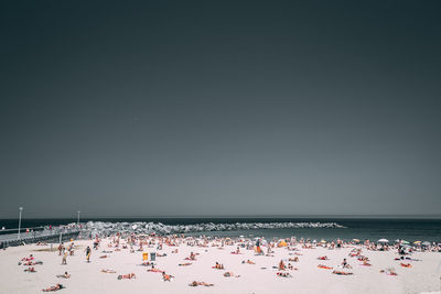 Group of people on beach against clear sky