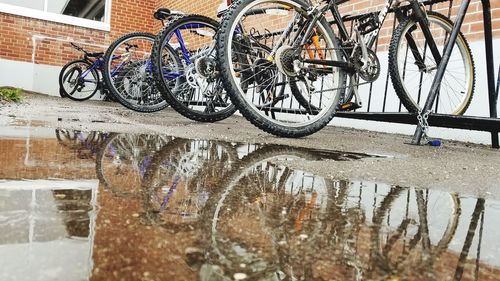 Low section of bicycles on bicycle in city