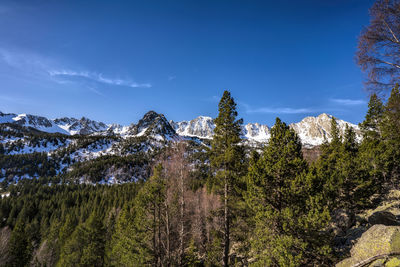 Scenic view of snowcapped mountains against blue sky