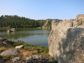 Scenic view of lake against clear sky