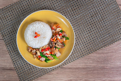 High angle view of breakfast on table