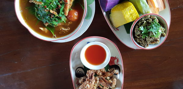 High angle view of soup in bowl