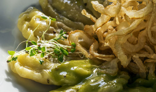 Close-up of dumplings with fried onions in plate