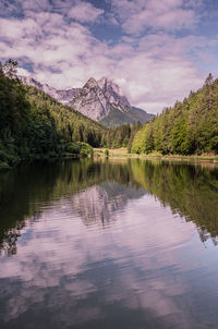 Scenic view of lake by mountains against sky