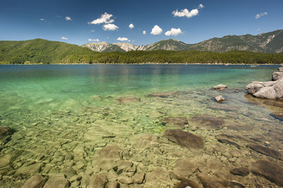 Lake eibsee at zugspitze mountain range in germany