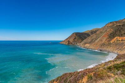 Scenic view of sea against clear blue sky