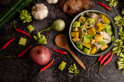 High angle view of fruits in bowl