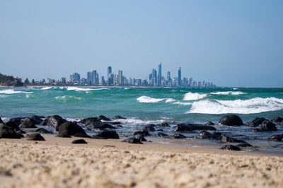 Beautiful view of surfers paradise skyline and the pacific ocean, seen from burleigh heads 