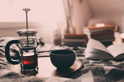 Close-up of coffee served on table