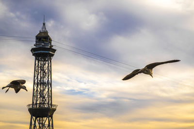 Low angle view of seagulls flying against overhead cable car station