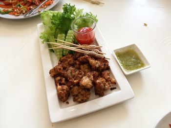 High angle view of food in plate on table