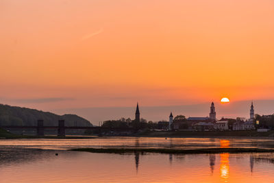 Reflection of buildings in city at sunset