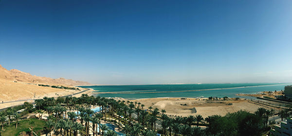 High angle view of beach against clear blue sky