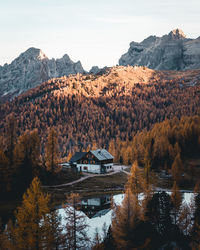 Scenic view of trees by mountains against sky