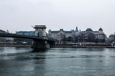 Bridge over river with buildings in background