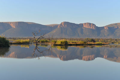 Reflection of mountains in lake against sky