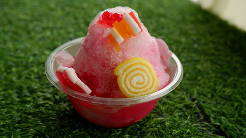 High angle view of ice cream in grass