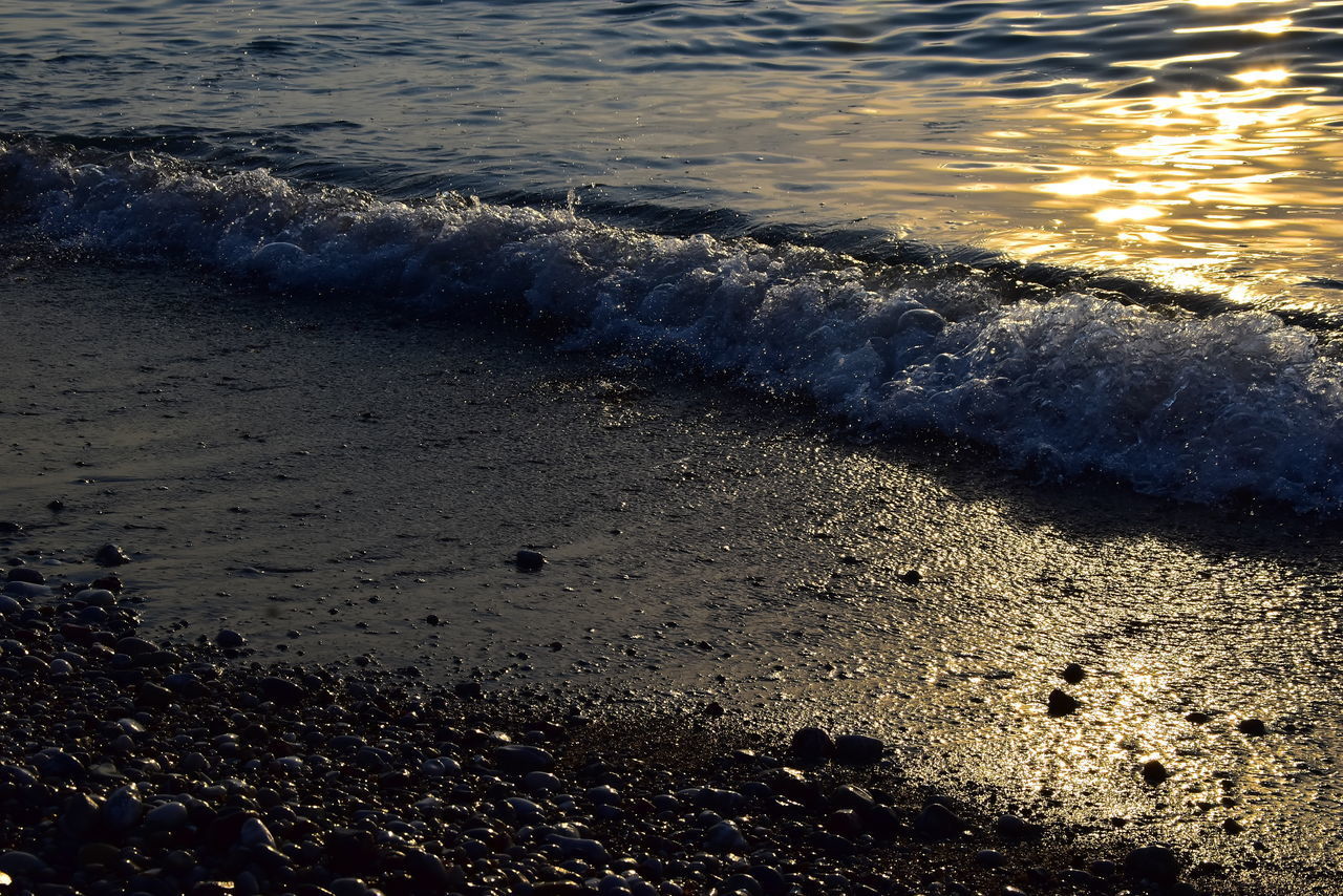 HIGH ANGLE VIEW OF WAVES RUSHING ON BEACH