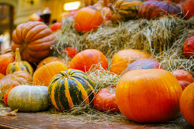 Close-up of pumpkins for sale at market stall
