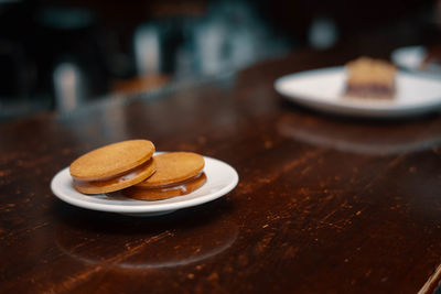 Close-up of cookies in plate on table