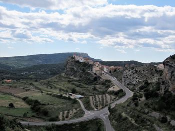 High angle view of road amidst landscape against sky