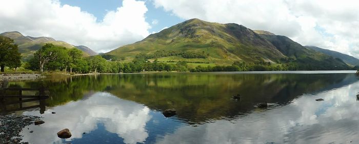 Scenic view of lake against cloudy sky