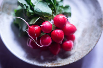 High angle view of cherries in bowl on table